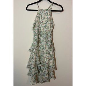 Banana Republic Dress Size OO Petite, White Floral Tiered Ruffle High Low Halter